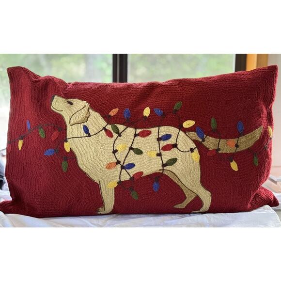 Pottery Barn Tangled Lab Crewel Embroidered Red Pillow Dog Light Christmas - Picture 1 of 7